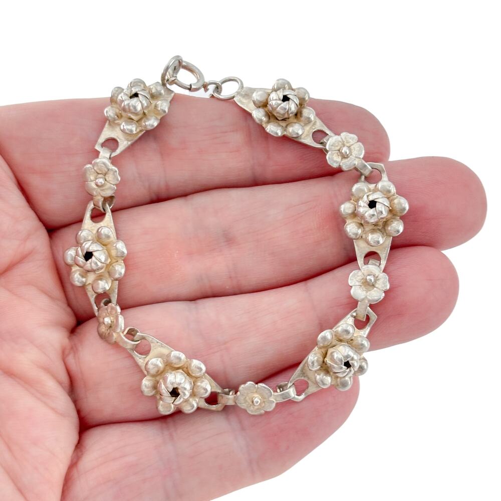 Vintage Sterling Silver 925 Flower Link Bracelet 7.25"